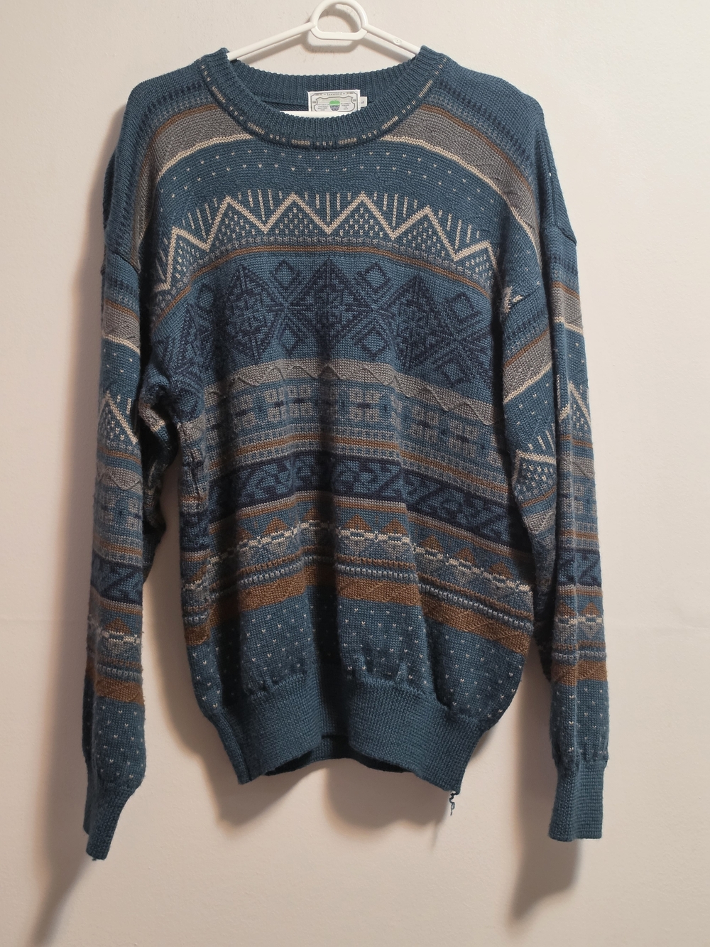 Vintage Men's Teal Patterned Crewneck Sweater - Classic Knit